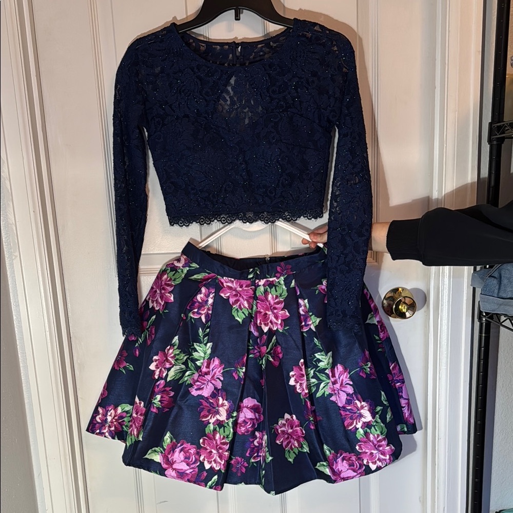 Navy Blue Lace Crop Top and Floral Skirt Set